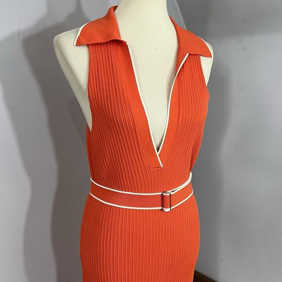 Nicholas Giuliana Ribbed Knit Midi Belted Sweater Dress Large Orange Stretchy - Picture 7 of 16